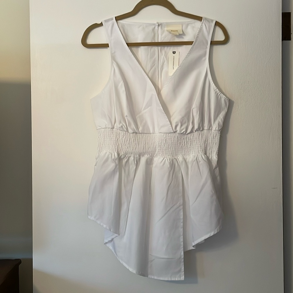 NWT Maeve 100% Cotton Sleeveless V-neck White Smocked Waist Tank Top Large